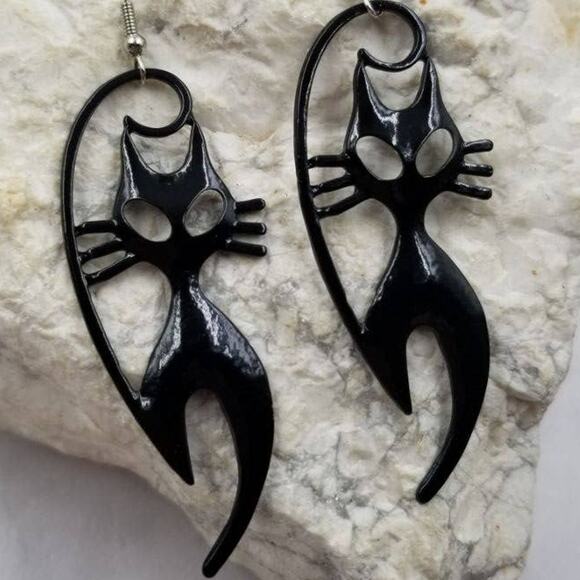 Halloween Goth Black Cat Dangle Earrings - Picture 2 of 2